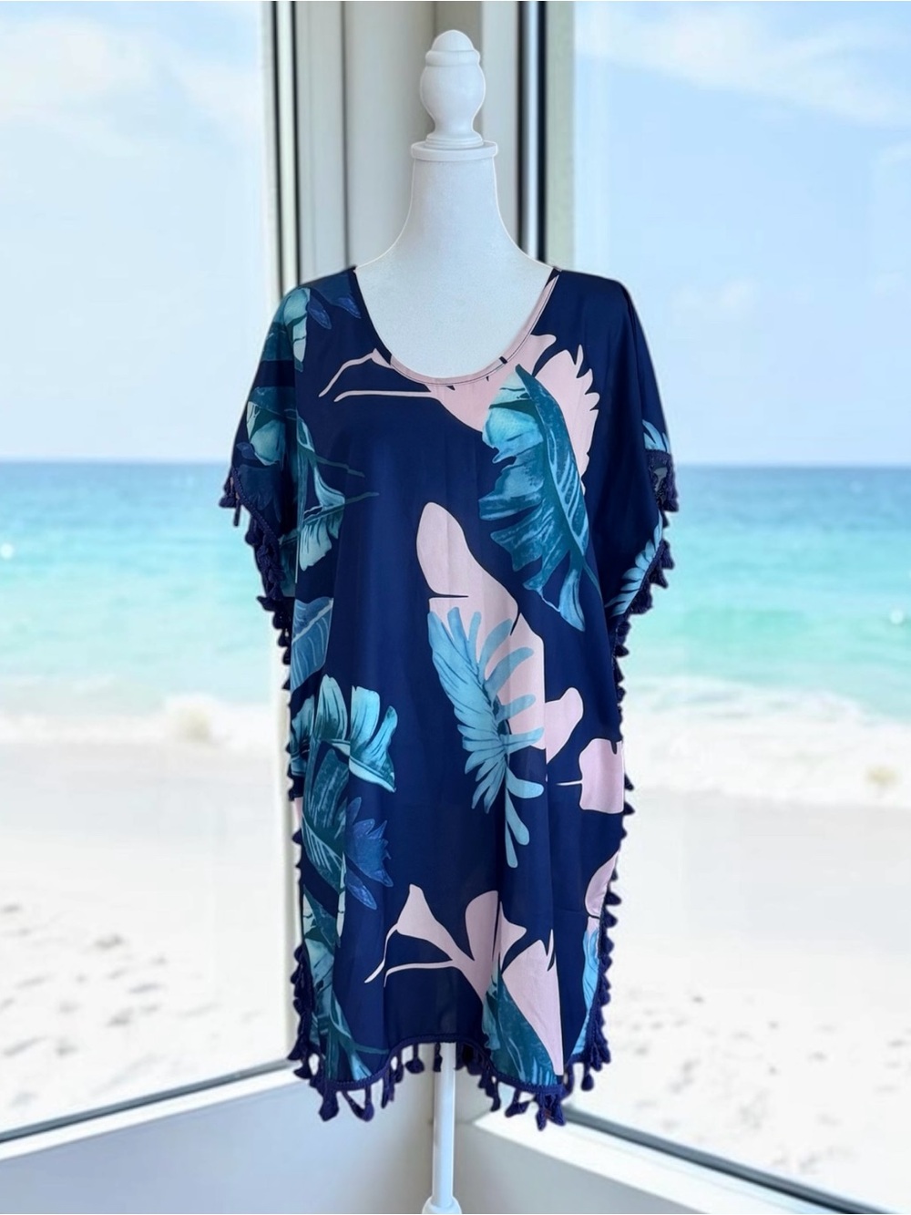 Tropical Palm Leaf Tassel Trim Swim Cover Up Kaftan Poncho - Size 8